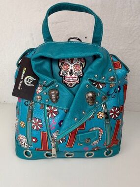 Cowgirl Trendy Skull Floral Backpack Purse Turquoise Biker Style day of the dead
